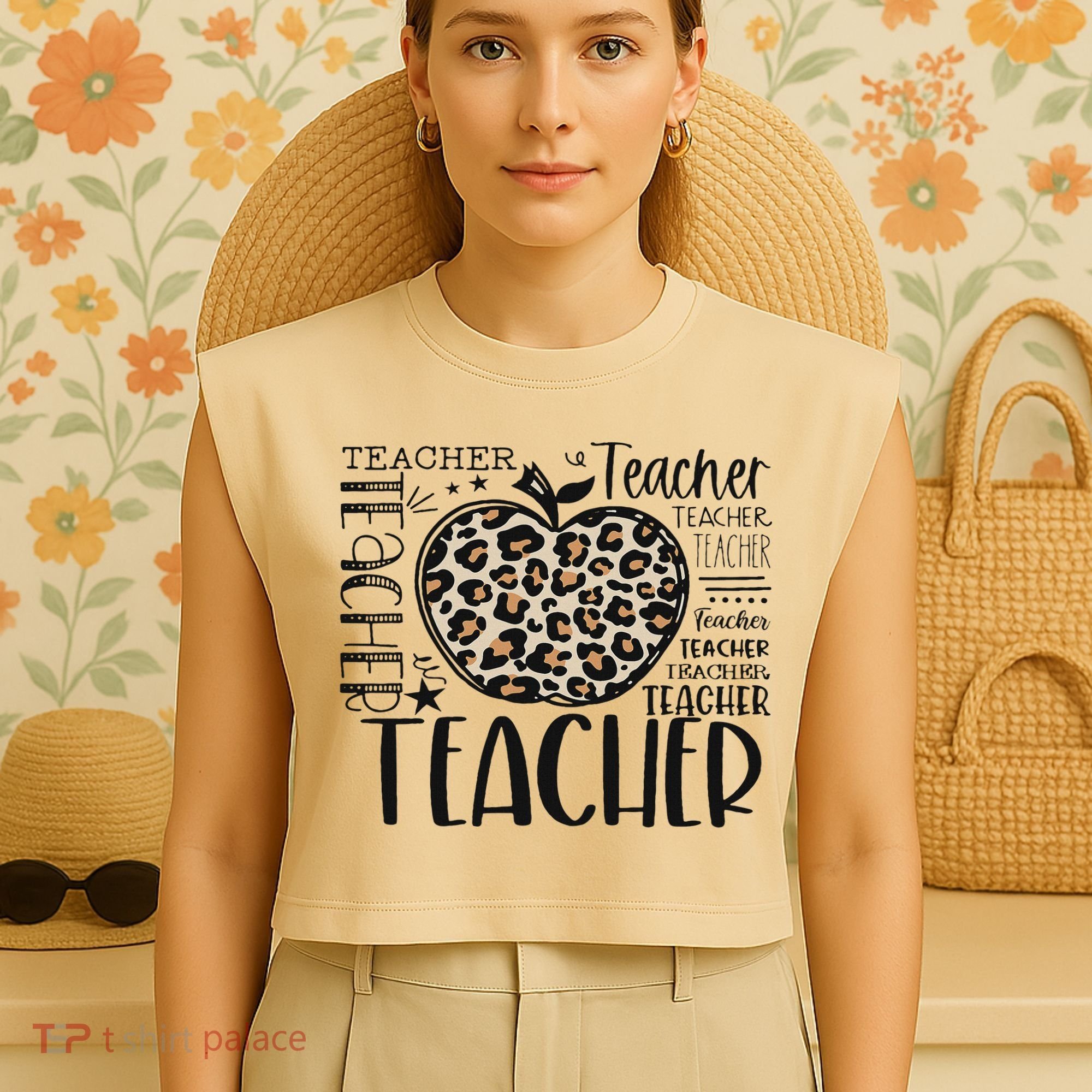 Back To School Teacher Life Apple Leopard Teacher Women Gift Garment-Dyed Women's Muscle Tee
