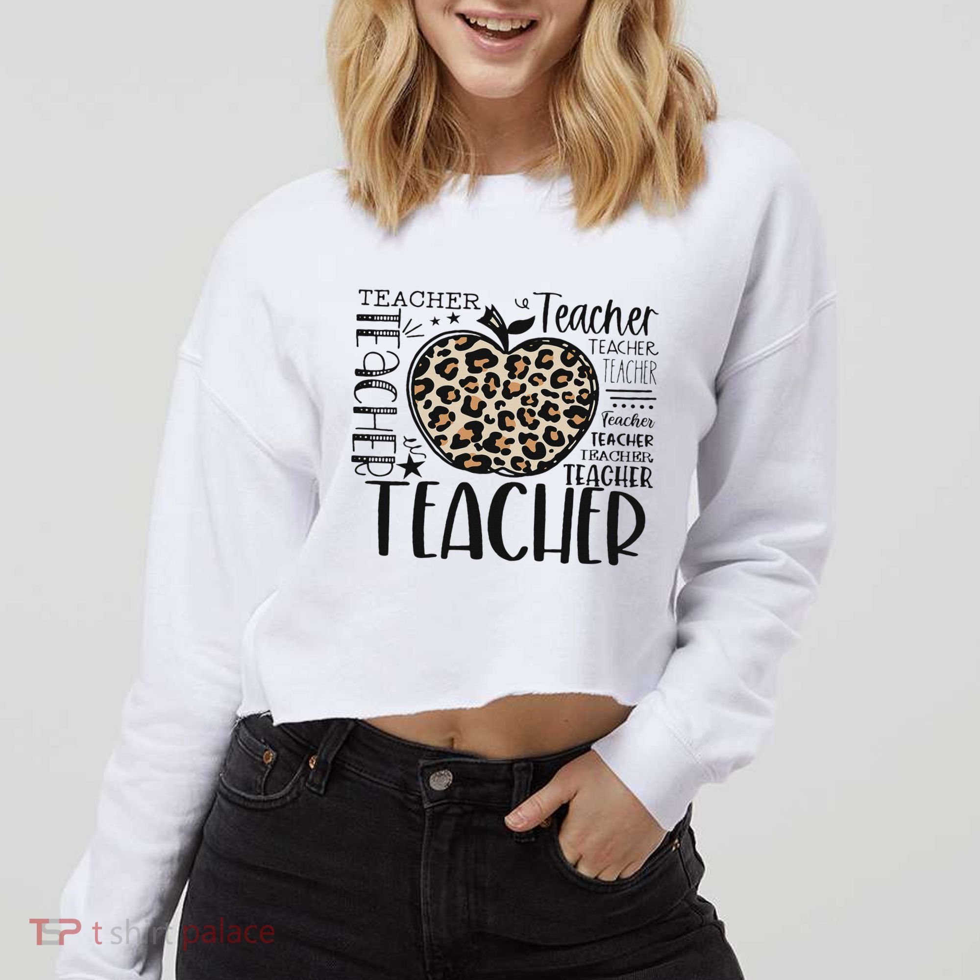 Back To School Teacher Life Apple Leopard Teacher Women Gift Cropped Pullover Crew