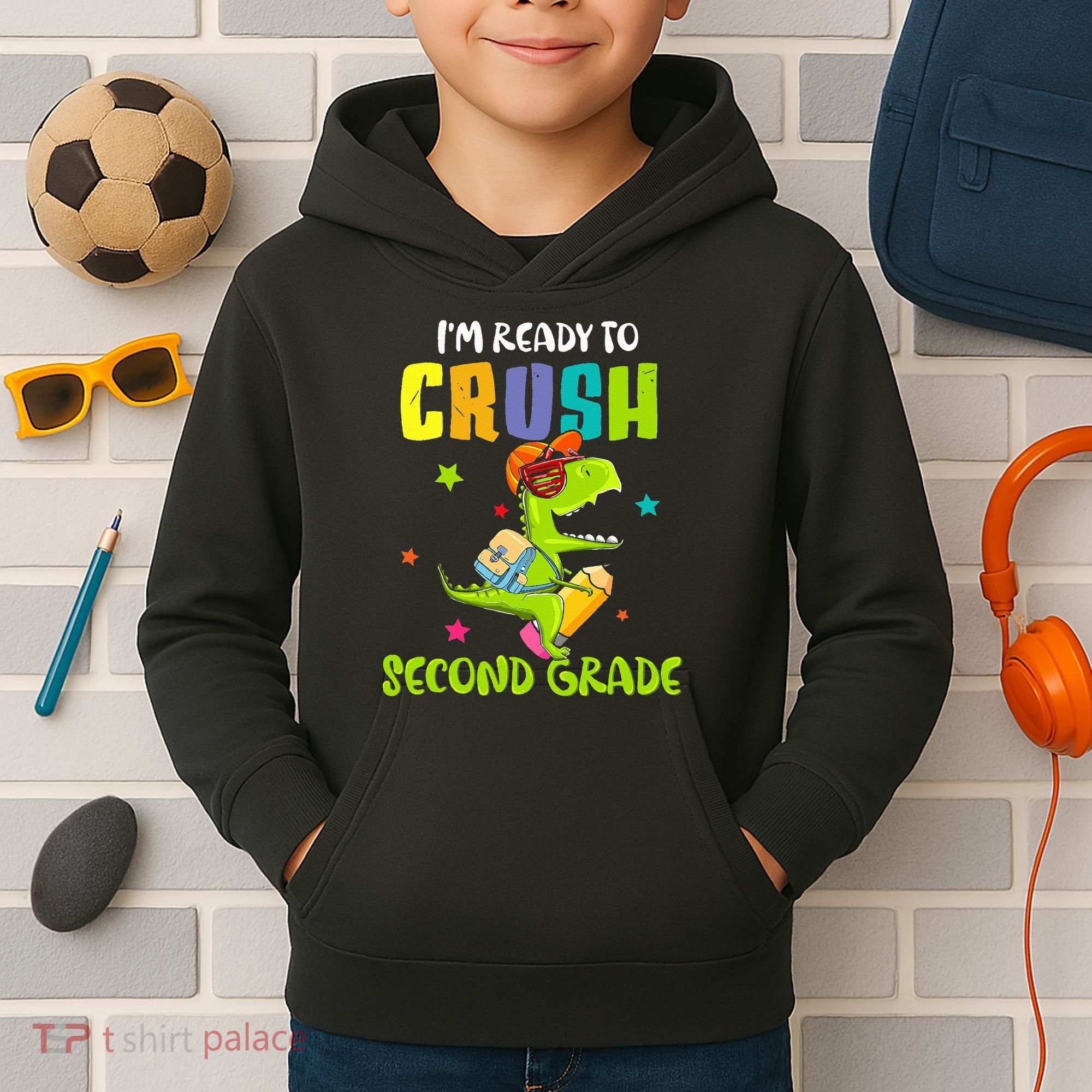 Back To School I'm Ready To Crush Second Grade Dinosaur Kids Hoodie