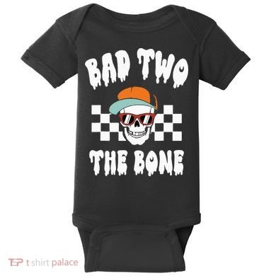 Bad Two The Bone Funny 2nd Birthday Halloween Skeleton Boy Baby Bodysuit