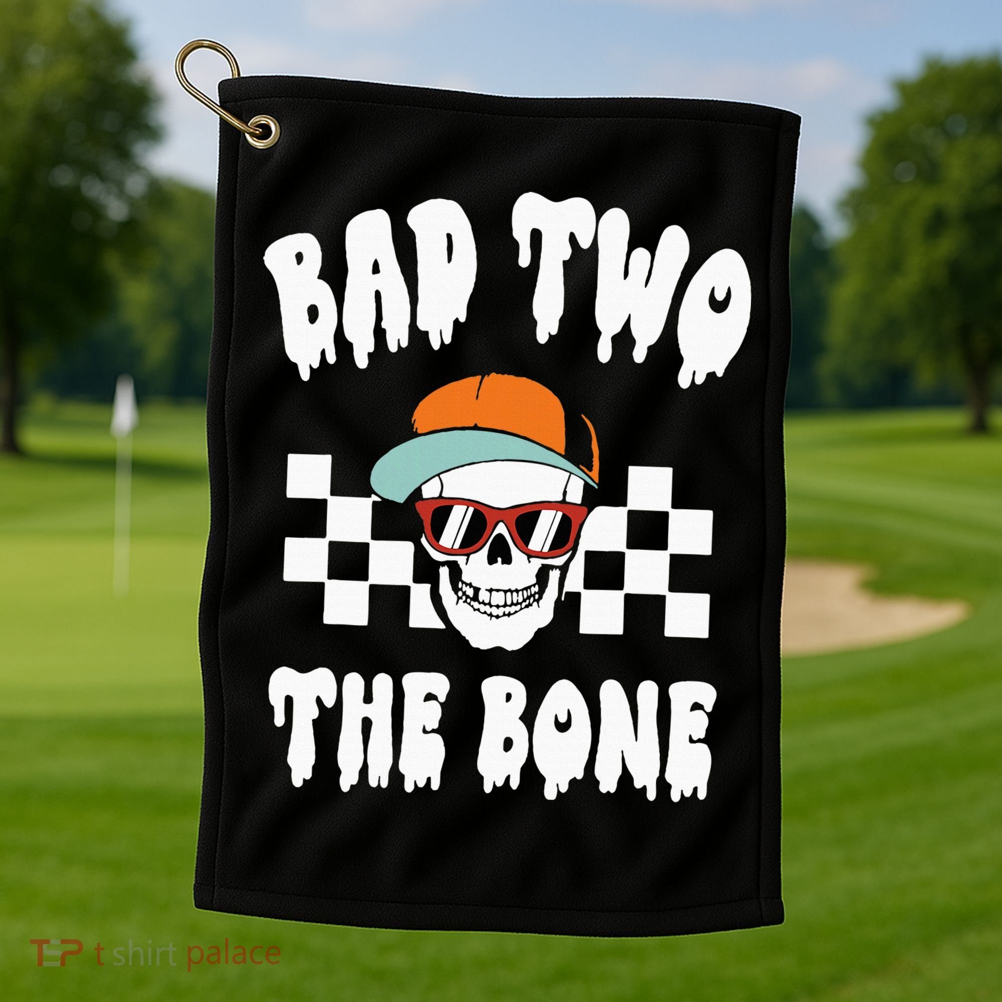 Bad Two The Bone Funny 2nd Birthday Halloween Skeleton Boy Golf Towel