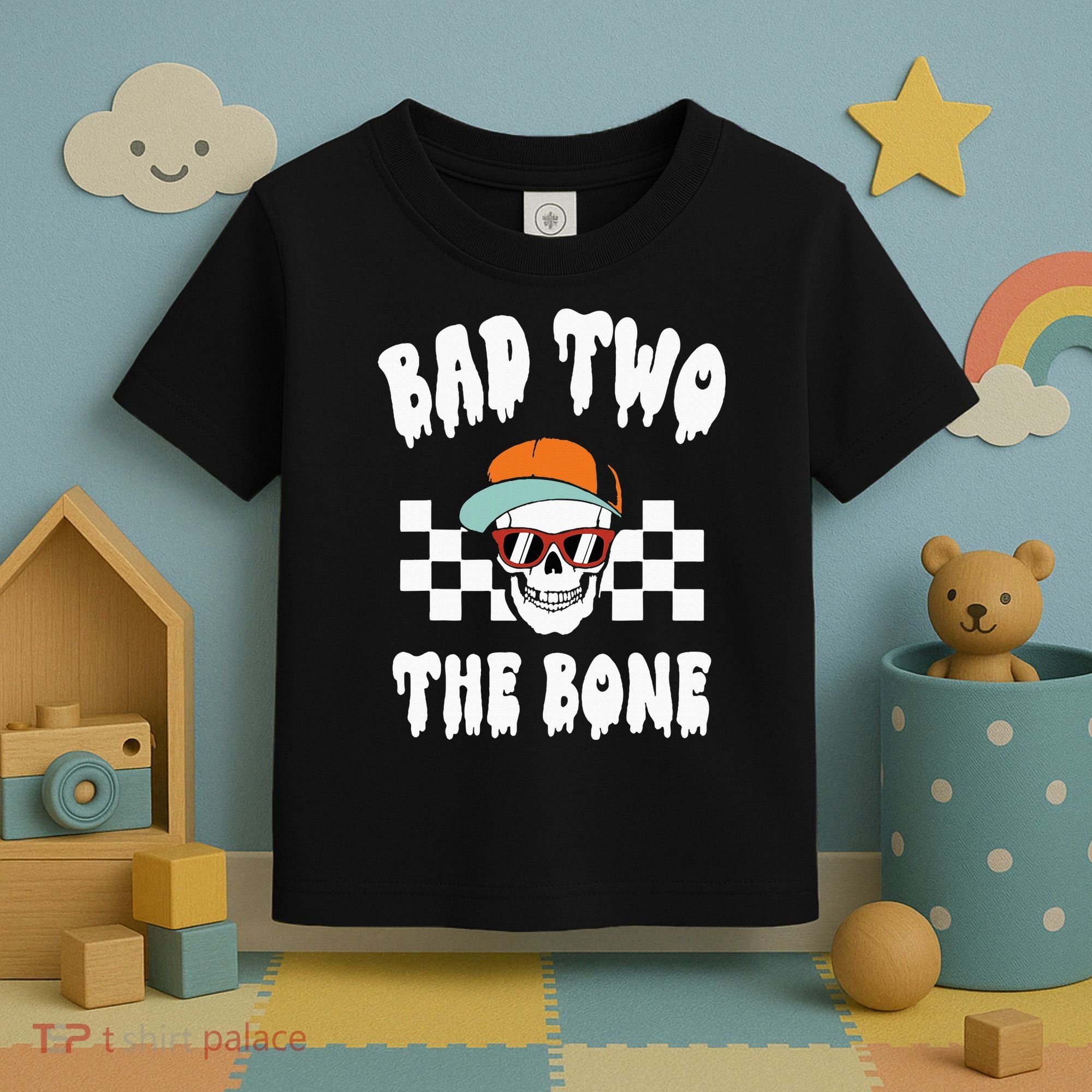 Bad Two The Bone Funny 2nd Birthday Halloween Skeleton Boy Toddler T-Shirt
