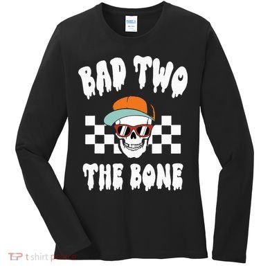 Bad Two The Bone Funny 2nd Birthday Halloween Skeleton Boy Women's Long Sleeve Shirt