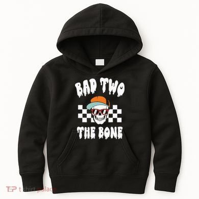 Bad Two The Bone Funny 2nd Birthday Halloween Skeleton Boy Kids Hoodie