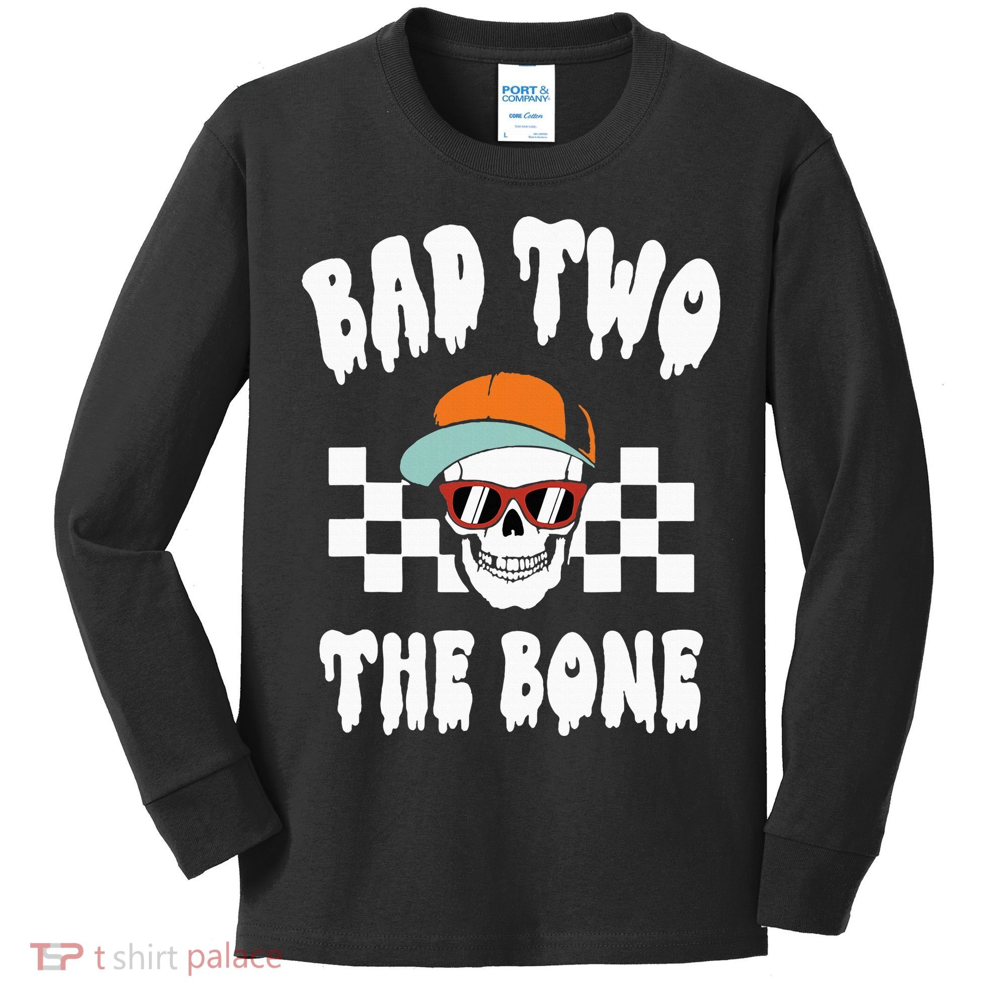 Bad Two The Bone Funny 2nd Birthday Halloween Skeleton Boy Kids Long Sleeve Shirt