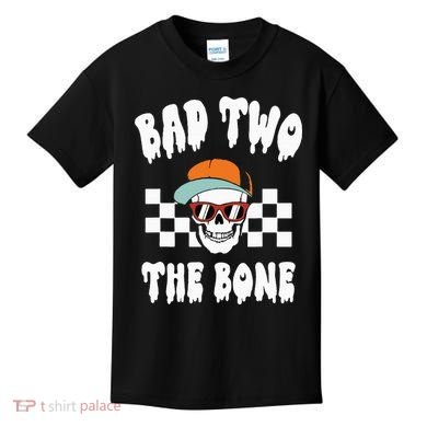 Bad Two The Bone Funny 2nd Birthday Halloween Skeleton Boy Kids T-Shirt