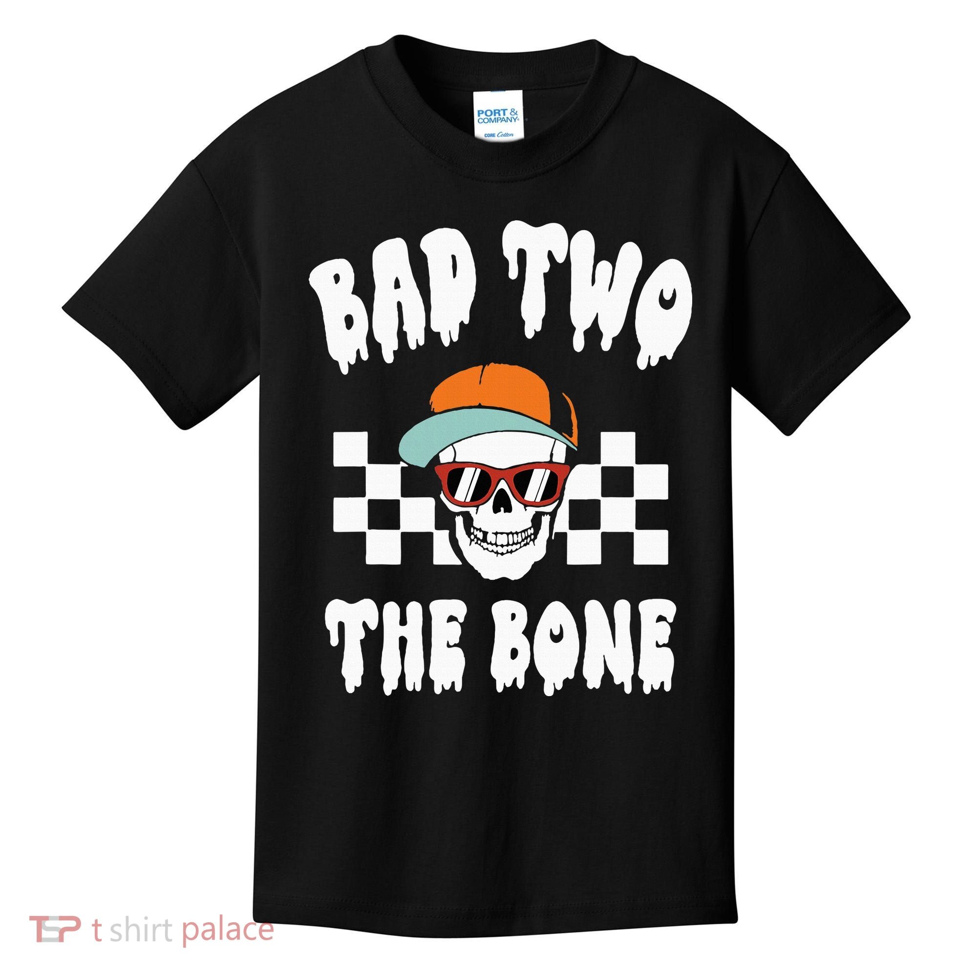 Bad Two The Bone Funny 2nd Birthday Halloween Skeleton Boy Kids T-Shirt