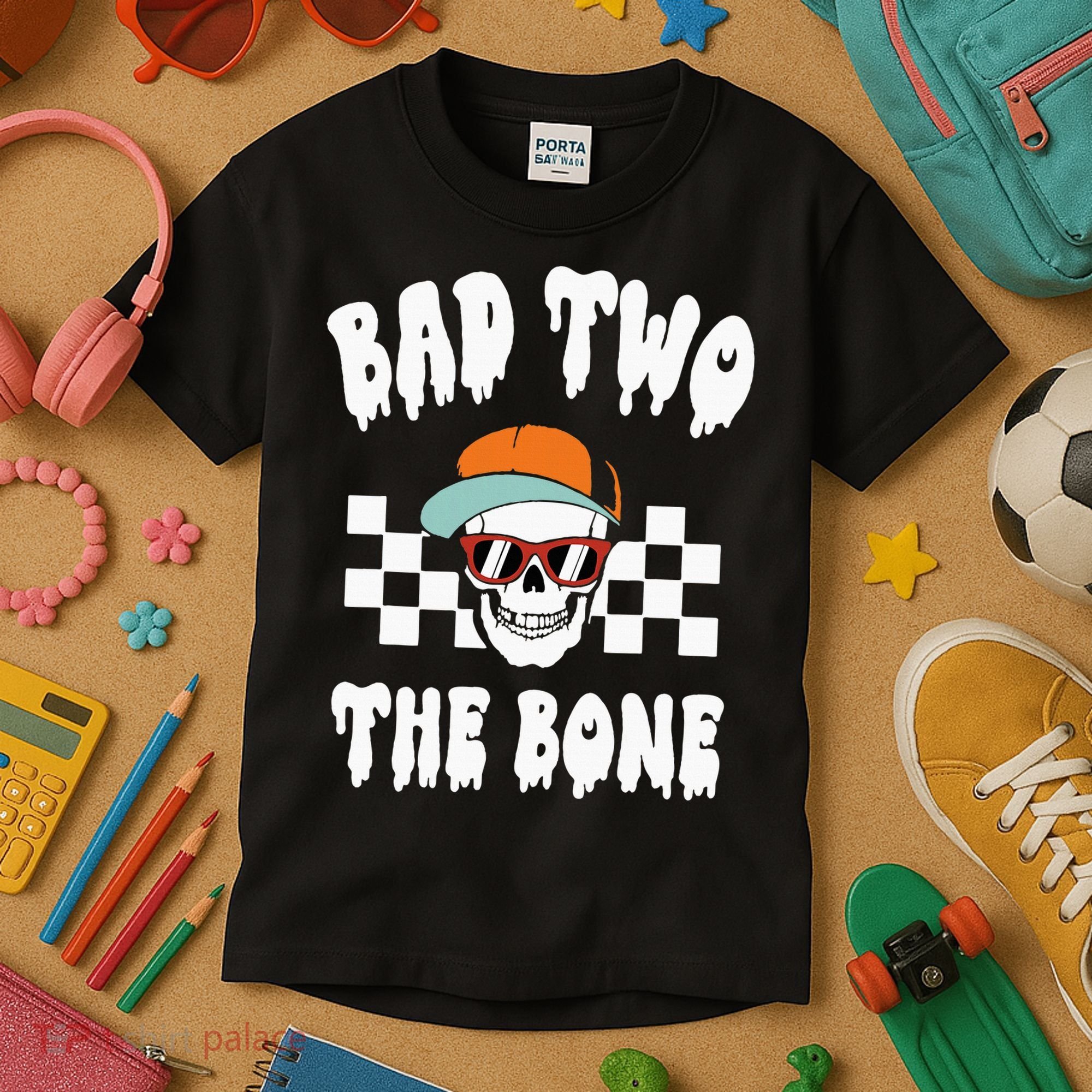 Bad Two The Bone Funny 2nd Birthday Halloween Skeleton Boy Kids T-Shirt