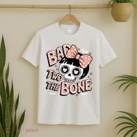 Bad Two The Bone Cute Skull Girl With Bow Halloween  T-Shirt thumb 2