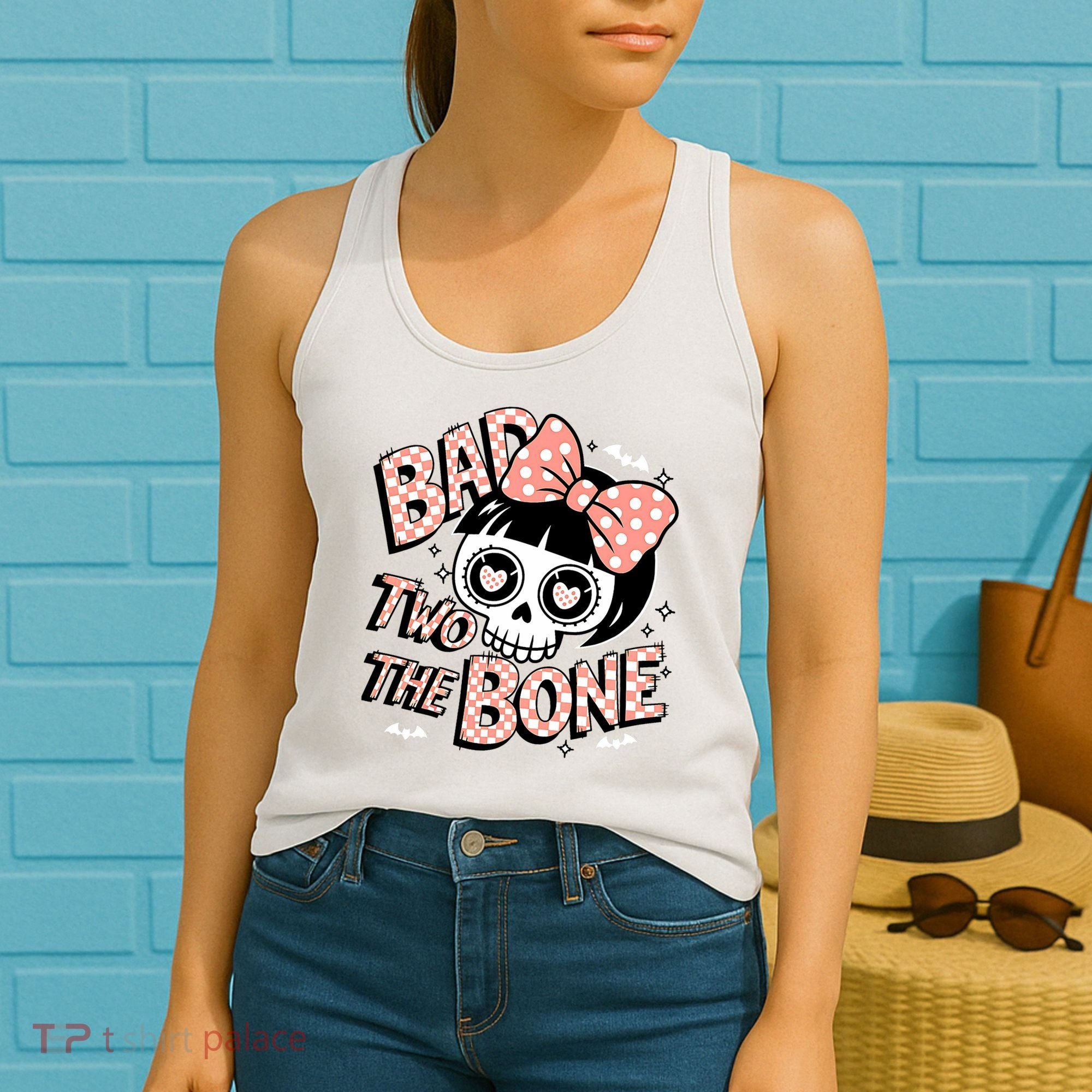 Bad Two The Bone Cute Skull Girl With Bow Halloween  Women's Tank Top