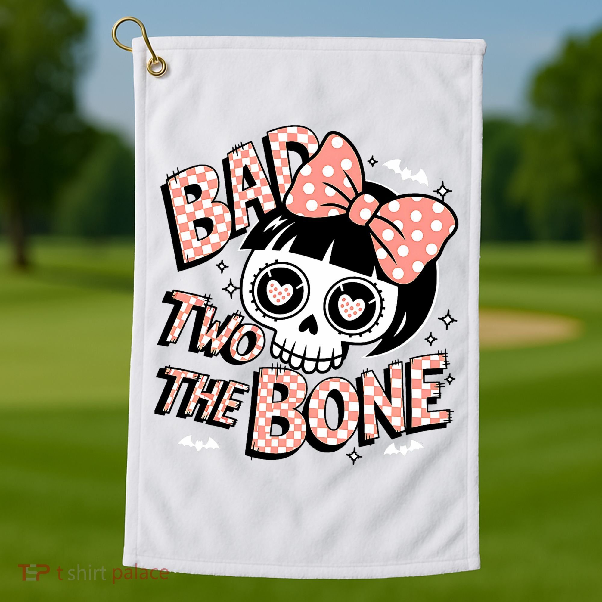 Bad Two The Bone Cute Skull Girl With Bow Halloween  Golf Towel