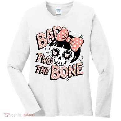 Bad Two The Bone Cute Skull Girl With Bow Halloween  Women's Long Sleeve Shirt