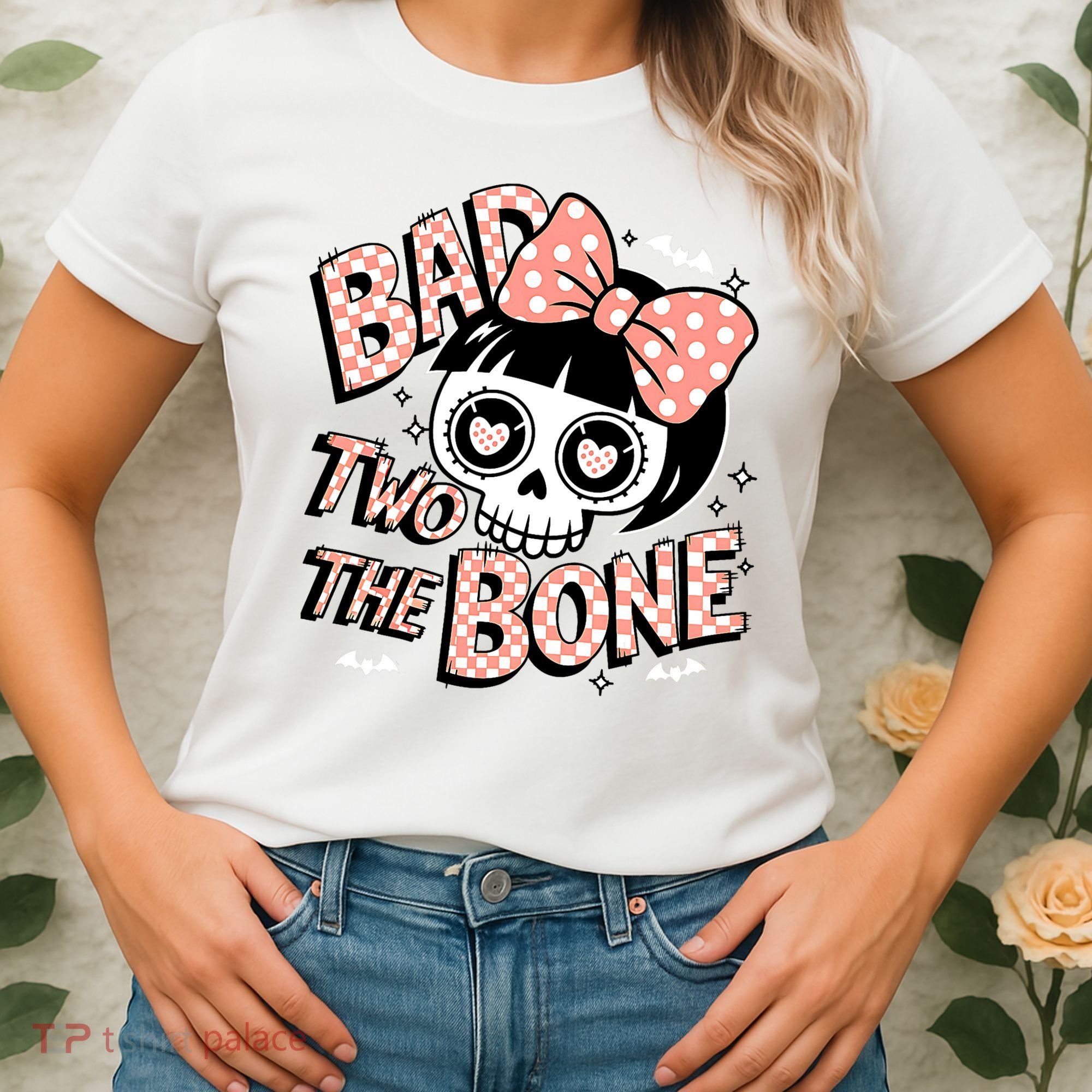 Bad Two The Bone Cute Skull Girl With Bow Halloween  Women's T-Shirt