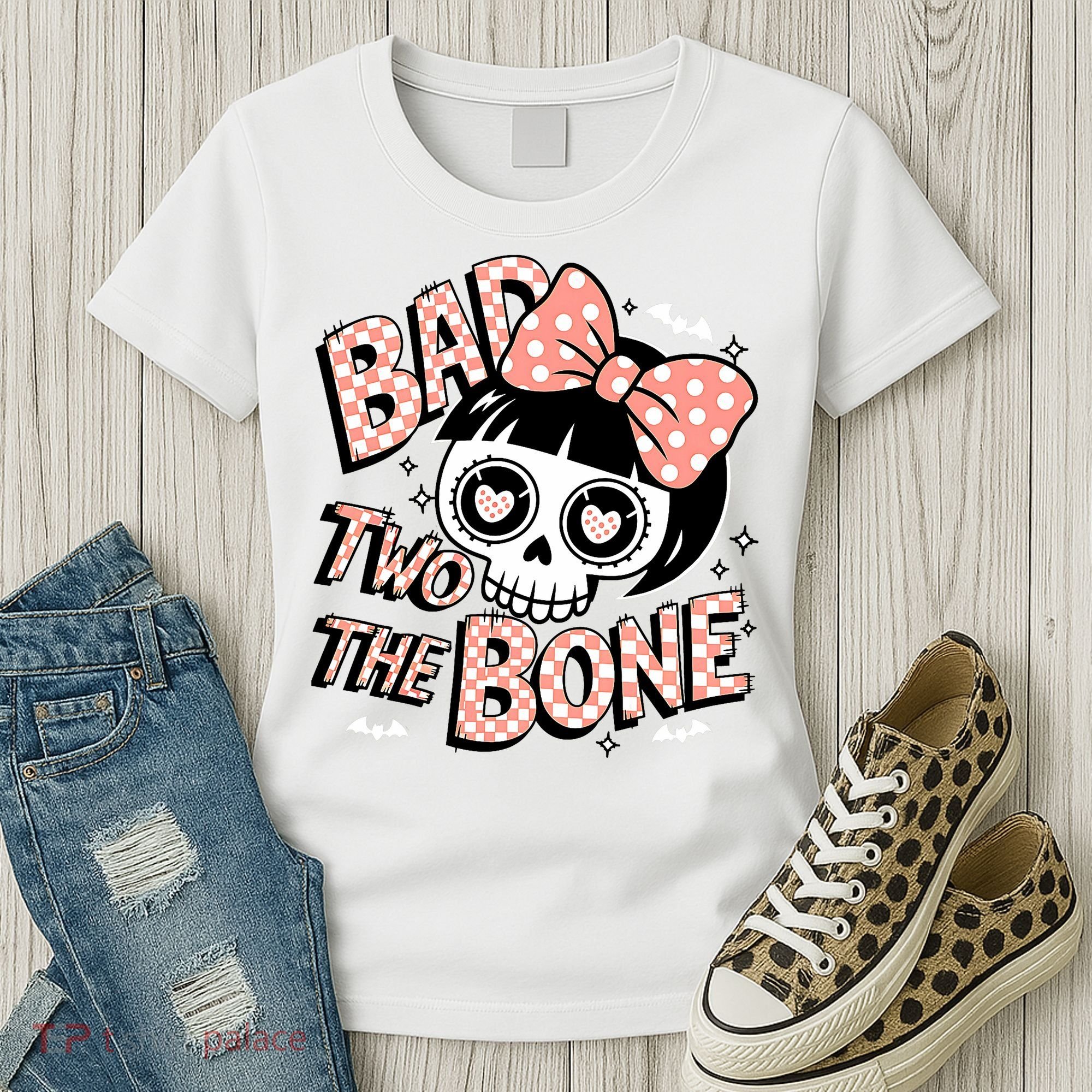 Bad Two The Bone Cute Skull Girl With Bow Halloween  Women's T-Shirt