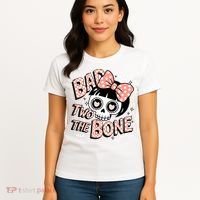 Bad Two The Bone Cute Skull Girl With Bow Halloween  Women's T-Shirt thumb 4