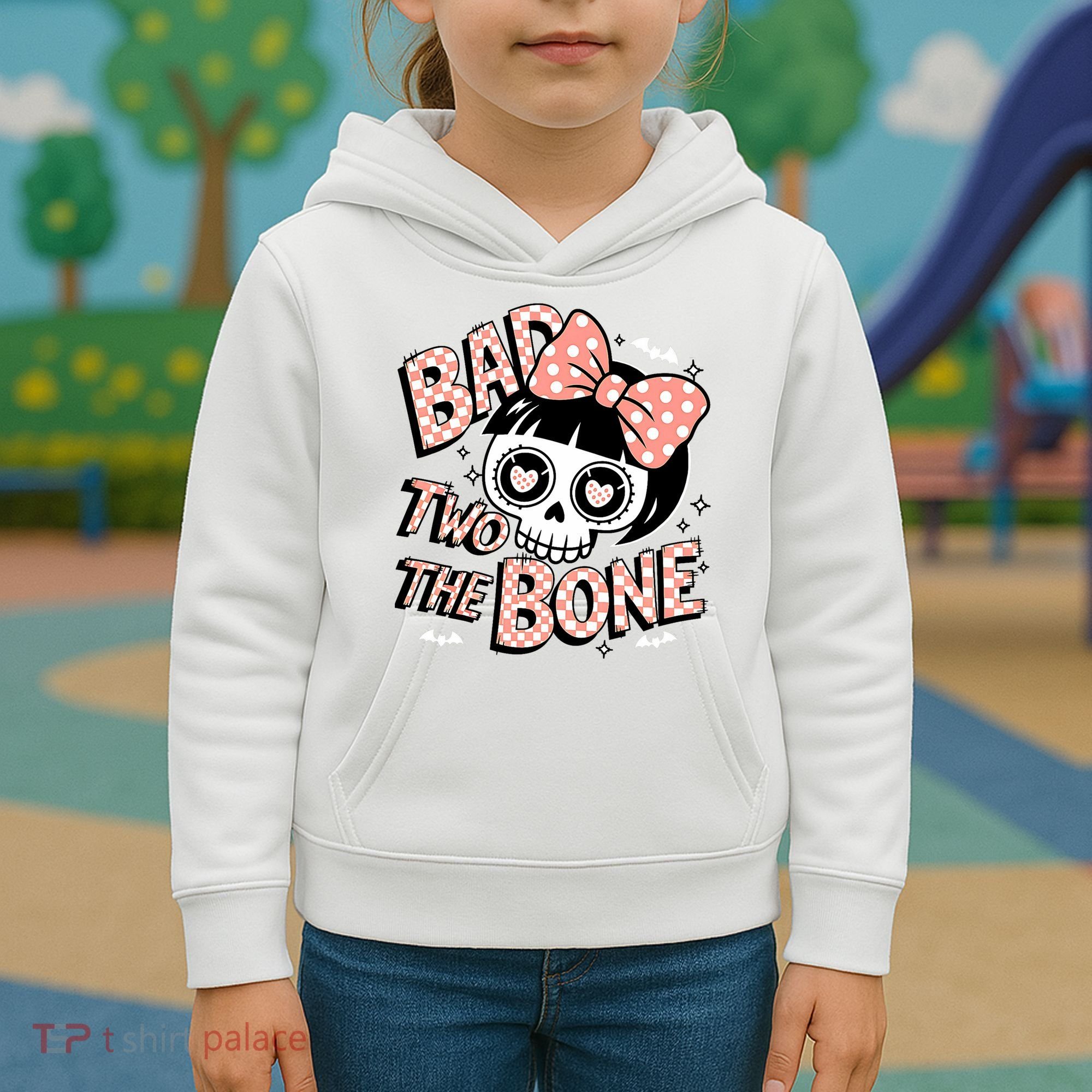 Bad Two The Bone Cute Skull Girl With Bow Halloween  Kids Hoodie