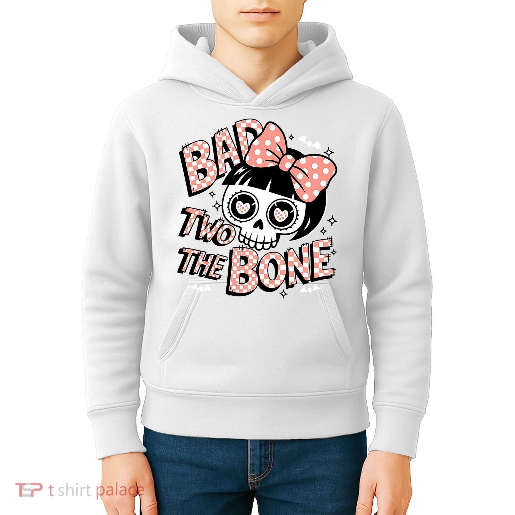 Bad Two The Bone Cute Skull Girl With Bow Halloween  Kids Hoodie