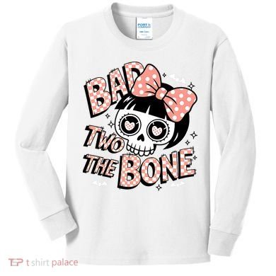 Bad Two The Bone Cute Skull Girl With Bow Halloween  Kids Long Sleeve Shirt