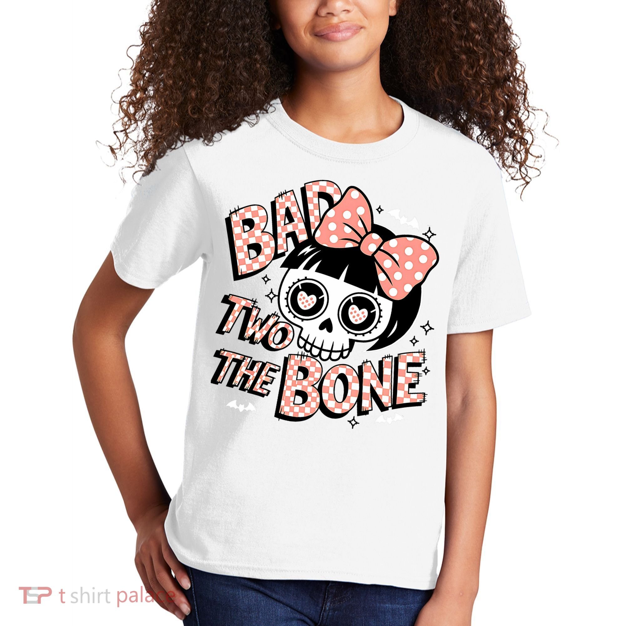 Bad Two The Bone Cute Skull Girl With Bow Halloween  Kids T-Shirt