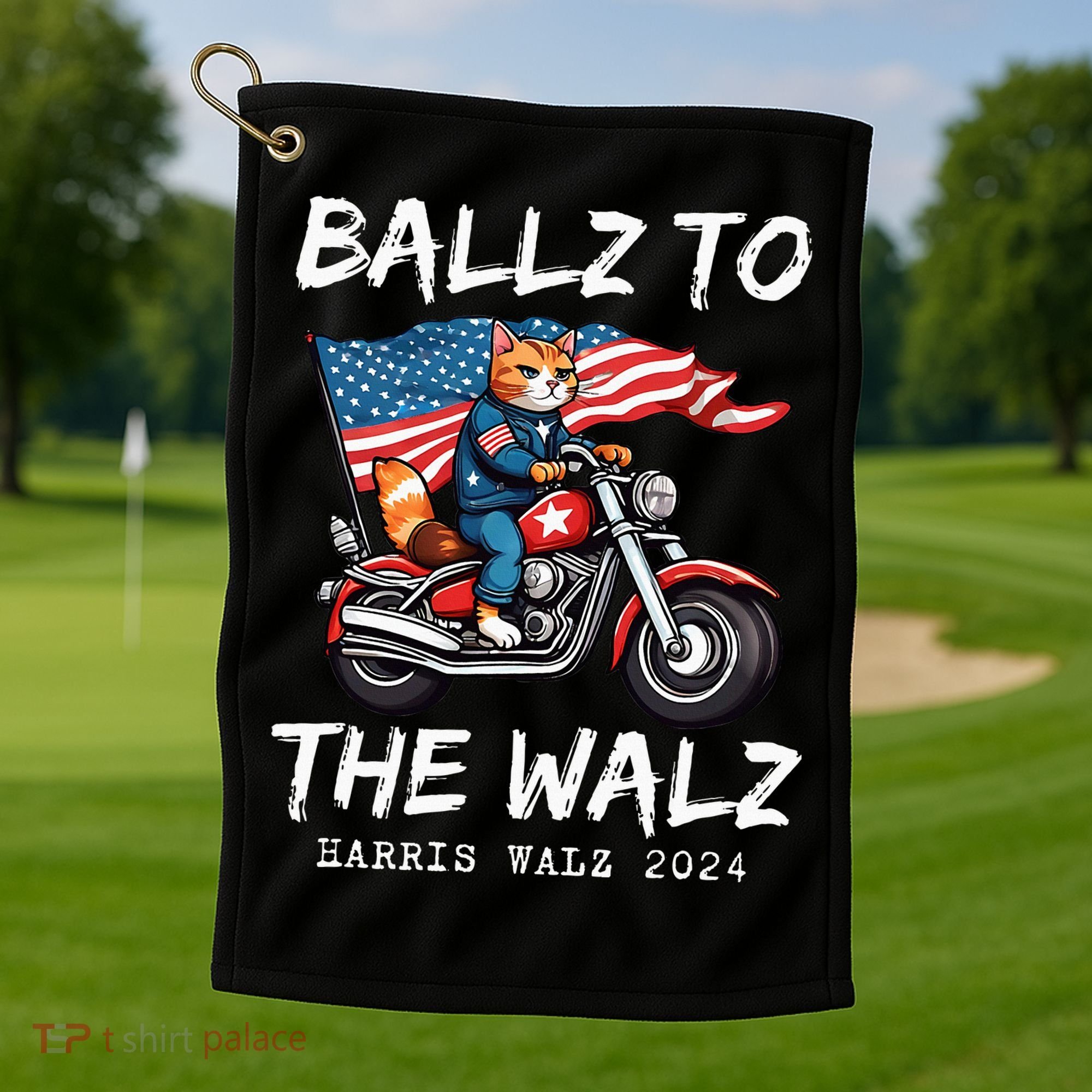 Ballz To The Walz Cat Motorcycle Liberal Vote Kamala Harris Golf Towel