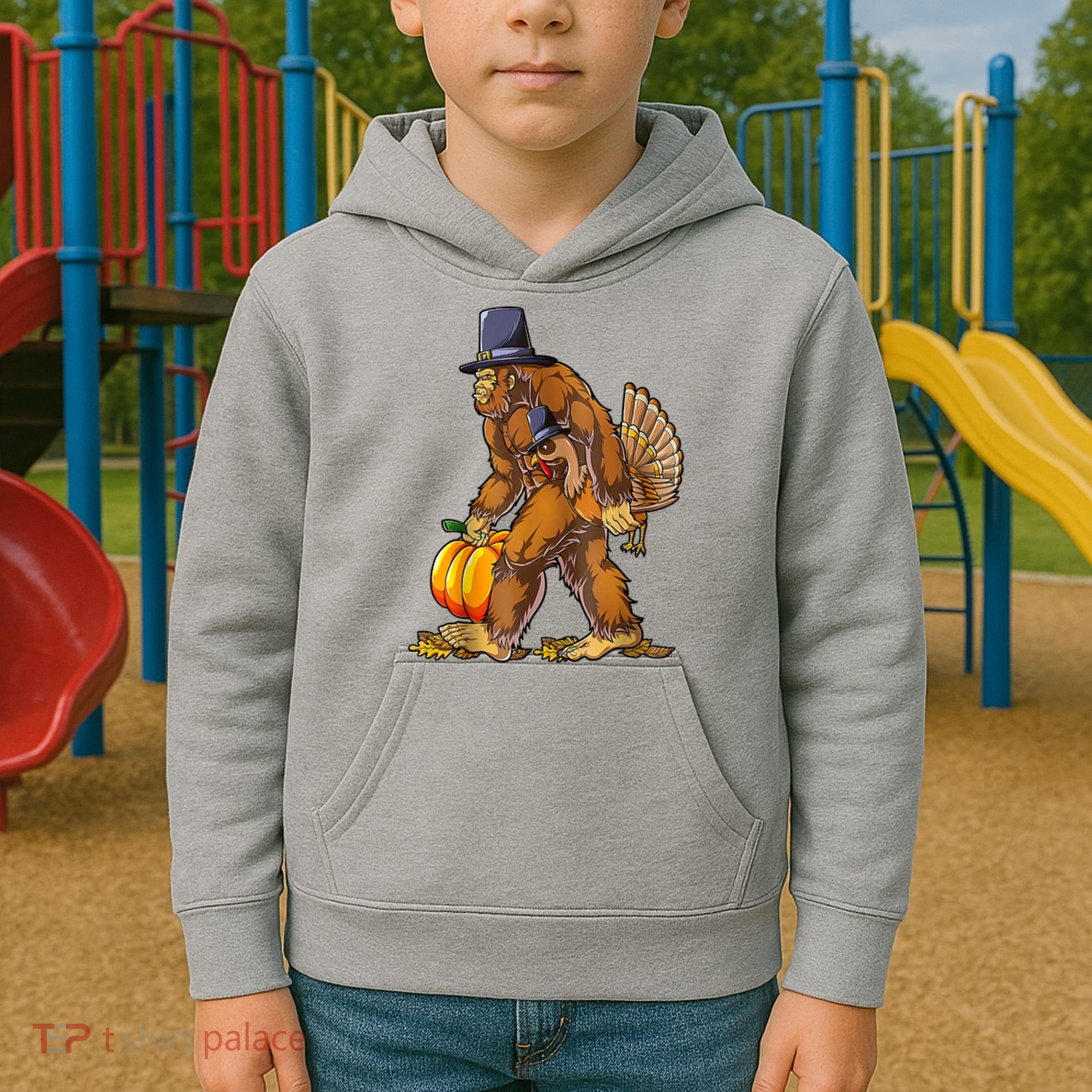 Bigfoot Turkey Thanksgiving Funny Holiday Kids Hoodie