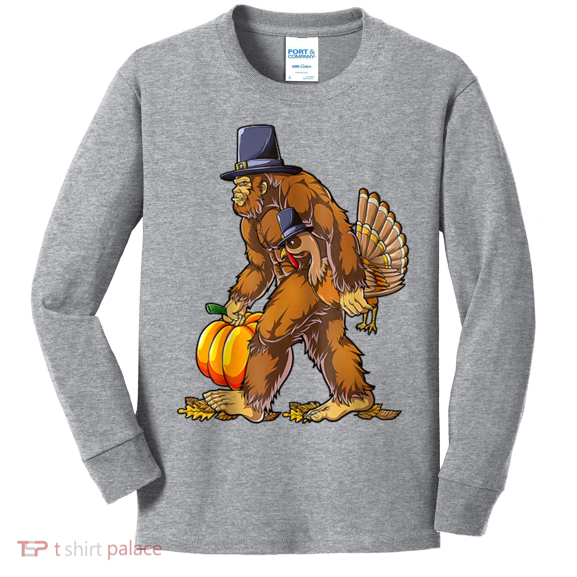 Bigfoot Turkey Thanksgiving Funny Holiday Kids Long Sleeve Shirt