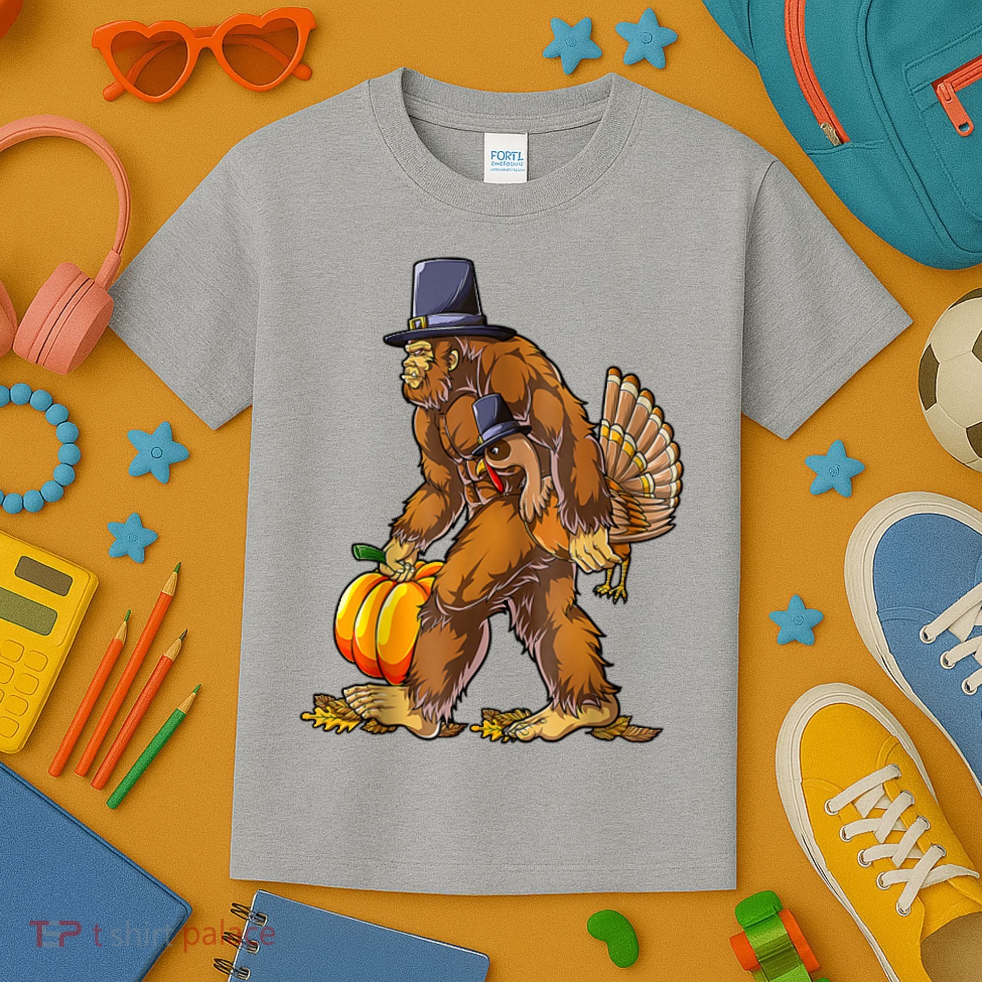 Bigfoot Turkey Thanksgiving Funny Holiday Kids T-Shirt