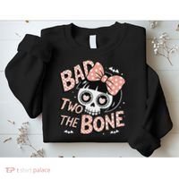 Bad Two The Bone Cute Skull Girl With Bow Halloween Sweatshirt thumb 2