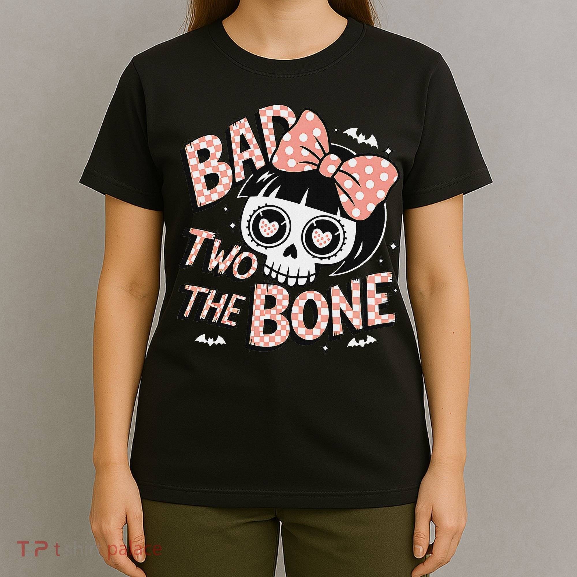 Bad Two The Bone Cute Skull Girl With Bow Halloween T-Shirt