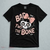 Bad Two The Bone Cute Skull Girl With Bow Halloween T-Shirt thumb 5