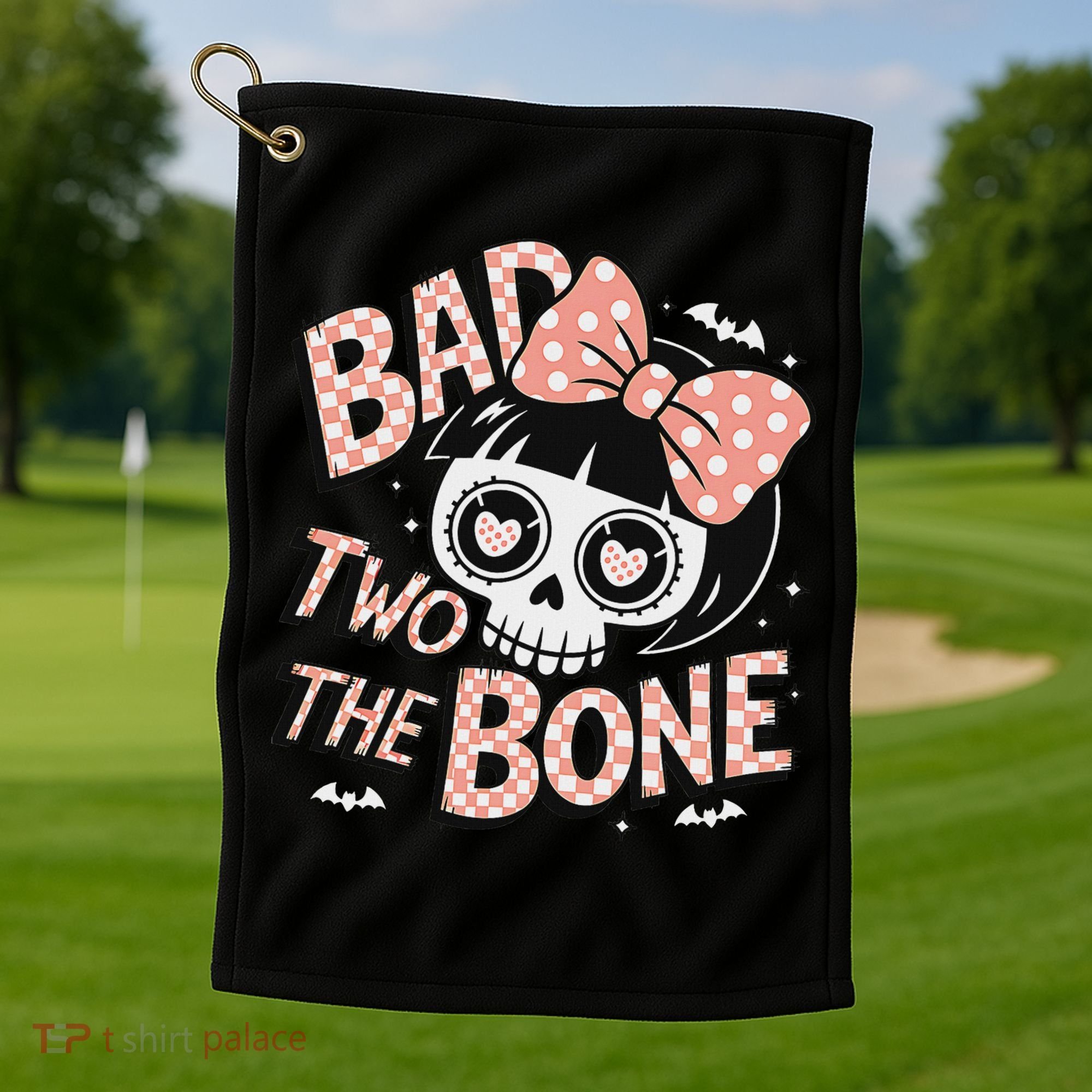 Bad Two The Bone Cute Skull Girl With Bow Halloween Golf Towel