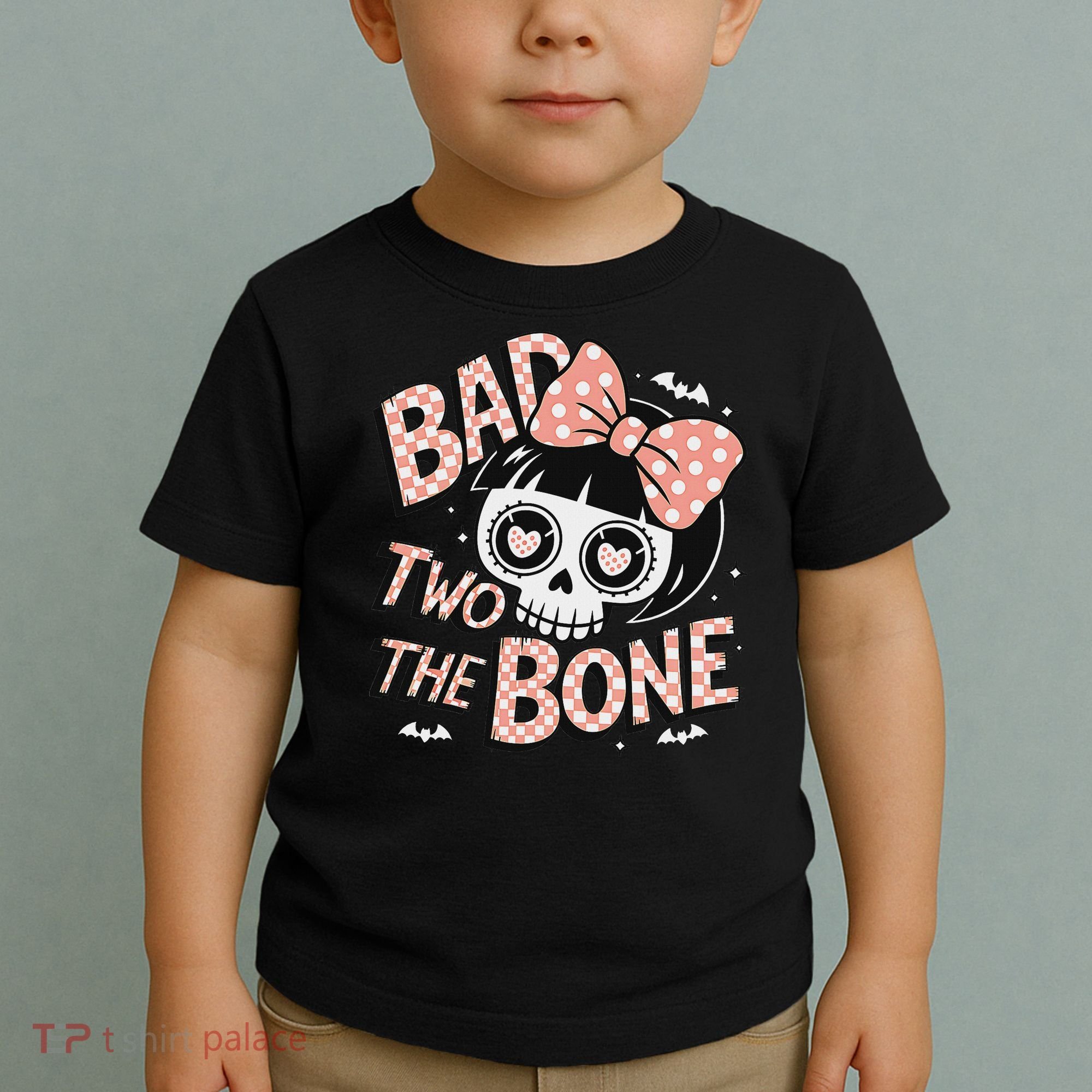Bad Two The Bone Cute Skull Girl With Bow Halloween Toddler T-Shirt