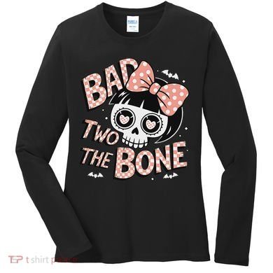 Bad Two The Bone Cute Skull Girl With Bow Halloween Women's Long Sleeve Shirt