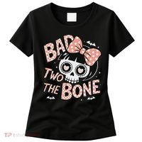 Bad Two The Bone Cute Skull Girl With Bow Halloween Women's T-Shirt thumb 0