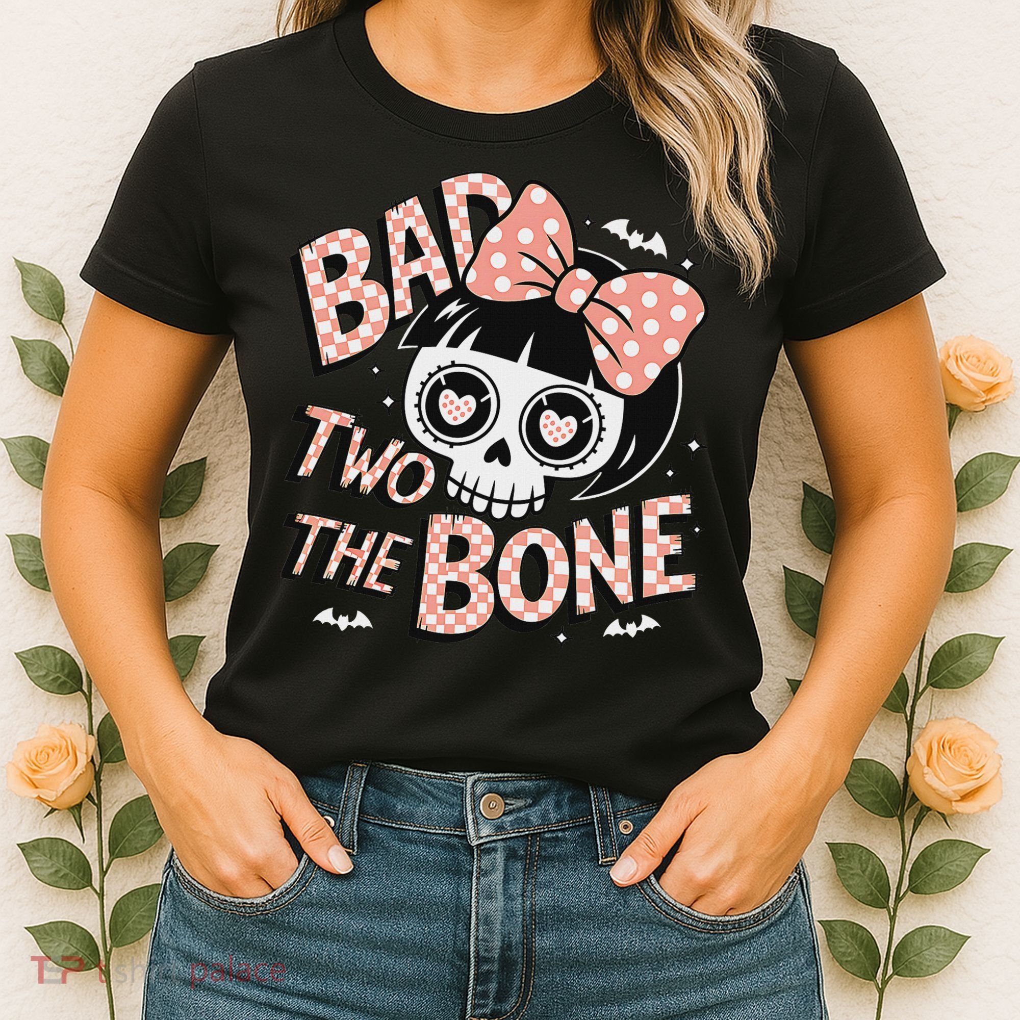 Bad Two The Bone Cute Skull Girl With Bow Halloween Women's T-Shirt