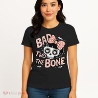 Bad Two The Bone Cute Skull Girl With Bow Halloween Women's T-Shirt thumb 4