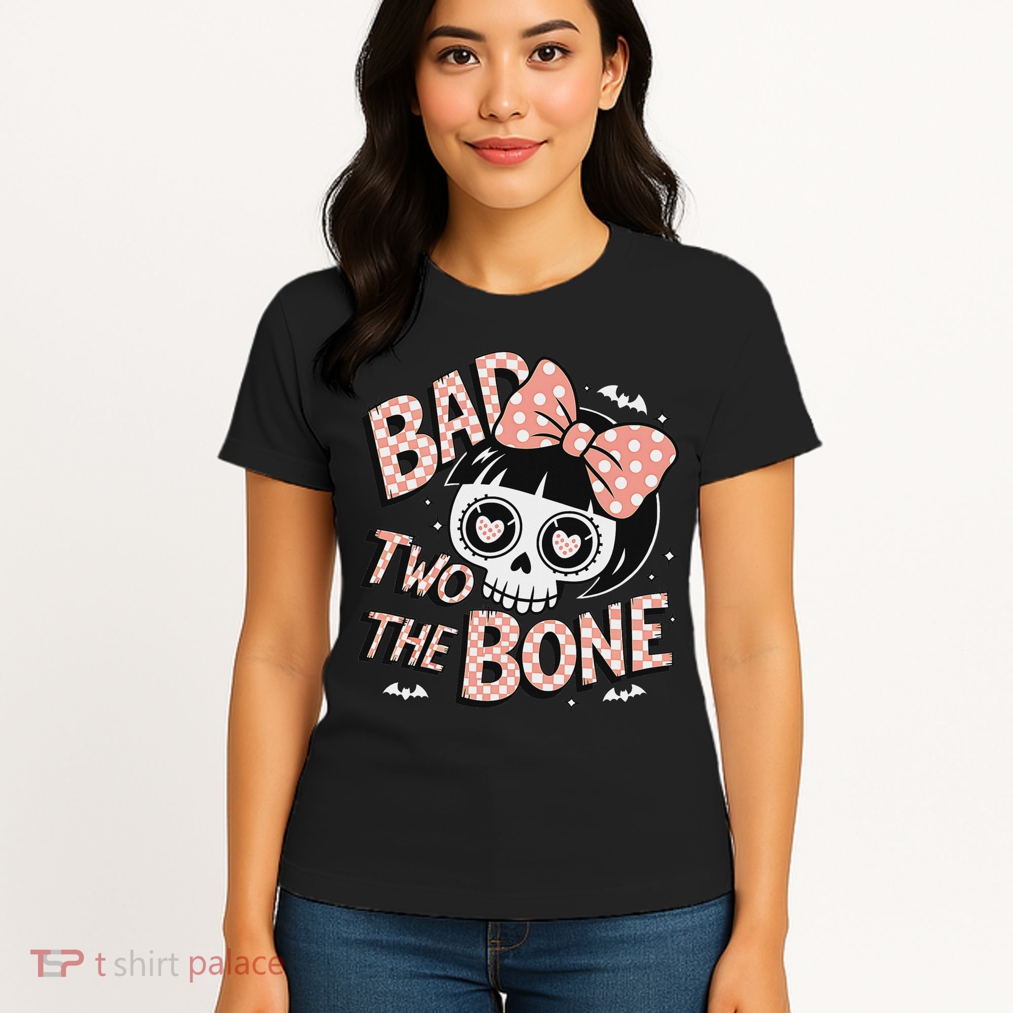 Bad Two The Bone Cute Skull Girl With Bow Halloween Women's T-Shirt