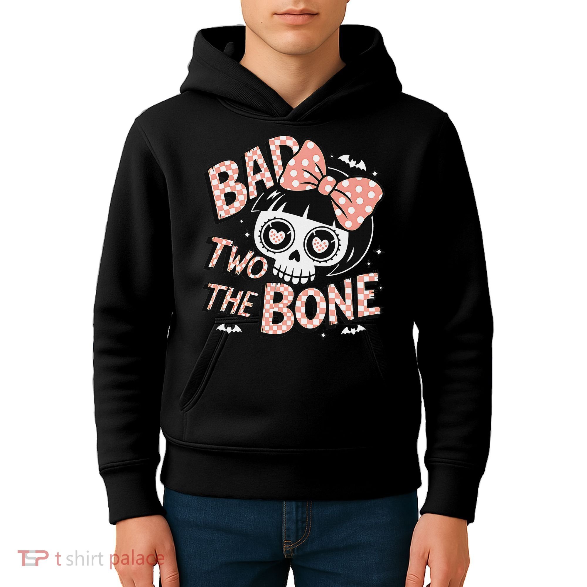 Bad Two The Bone Cute Skull Girl With Bow Halloween Kids Hoodie