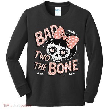 Bad Two The Bone Cute Skull Girl With Bow Halloween Kids Long Sleeve Shirt