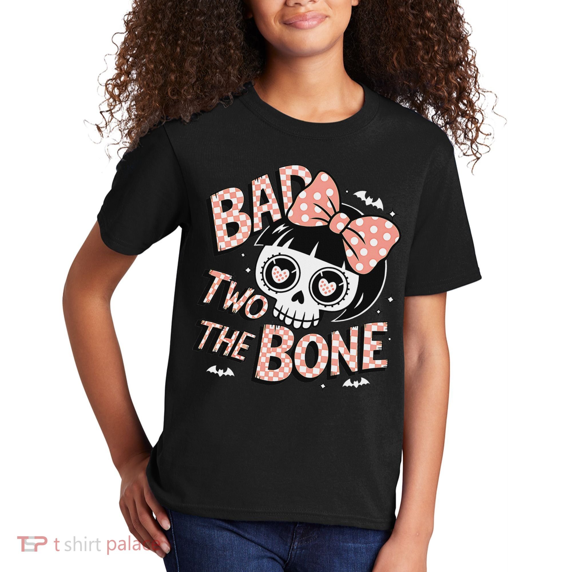 Bad Two The Bone Cute Skull Girl With Bow Halloween Kids T-Shirt