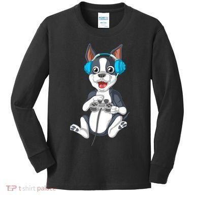 Boston Terrier Video Gamer Kids Long Sleeve Shirt
