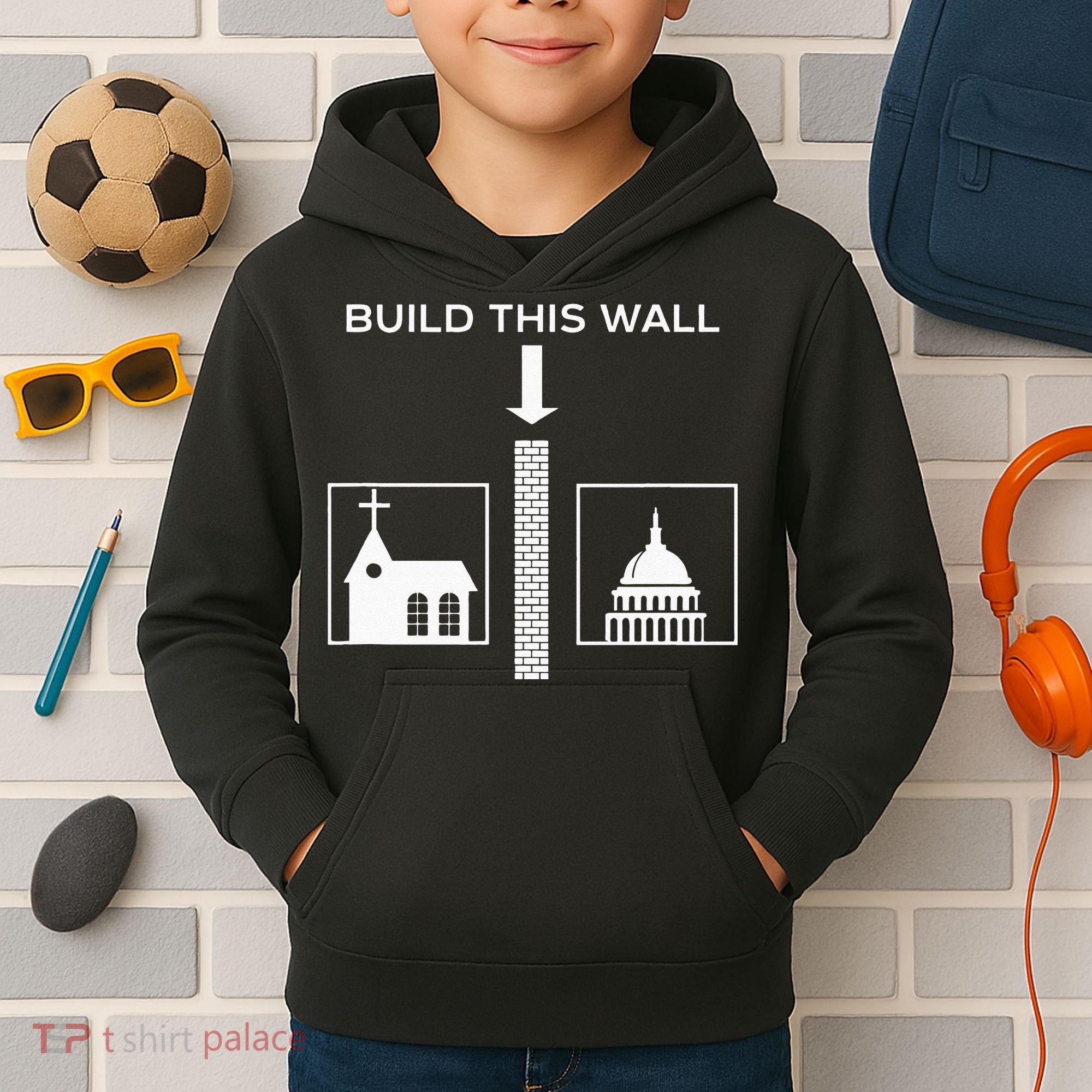 Build This Wall Ironic Separate Church And State Funny Kids Hoodie