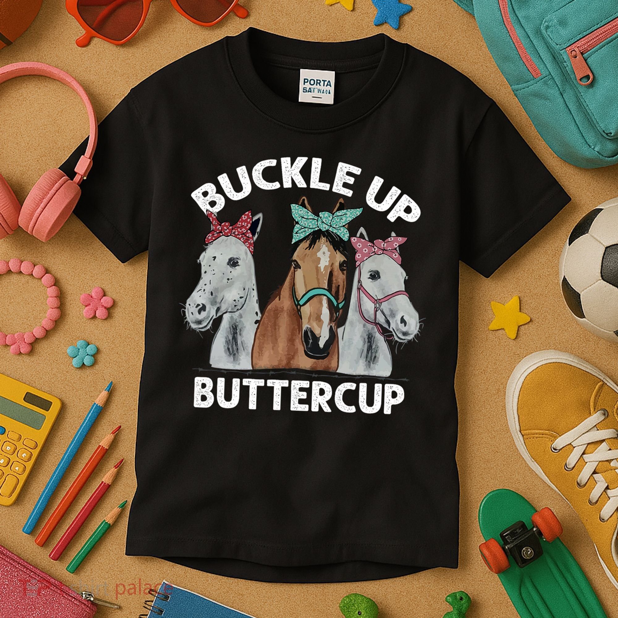 Buckle Up Buttercup Horses Kids T-Shirt