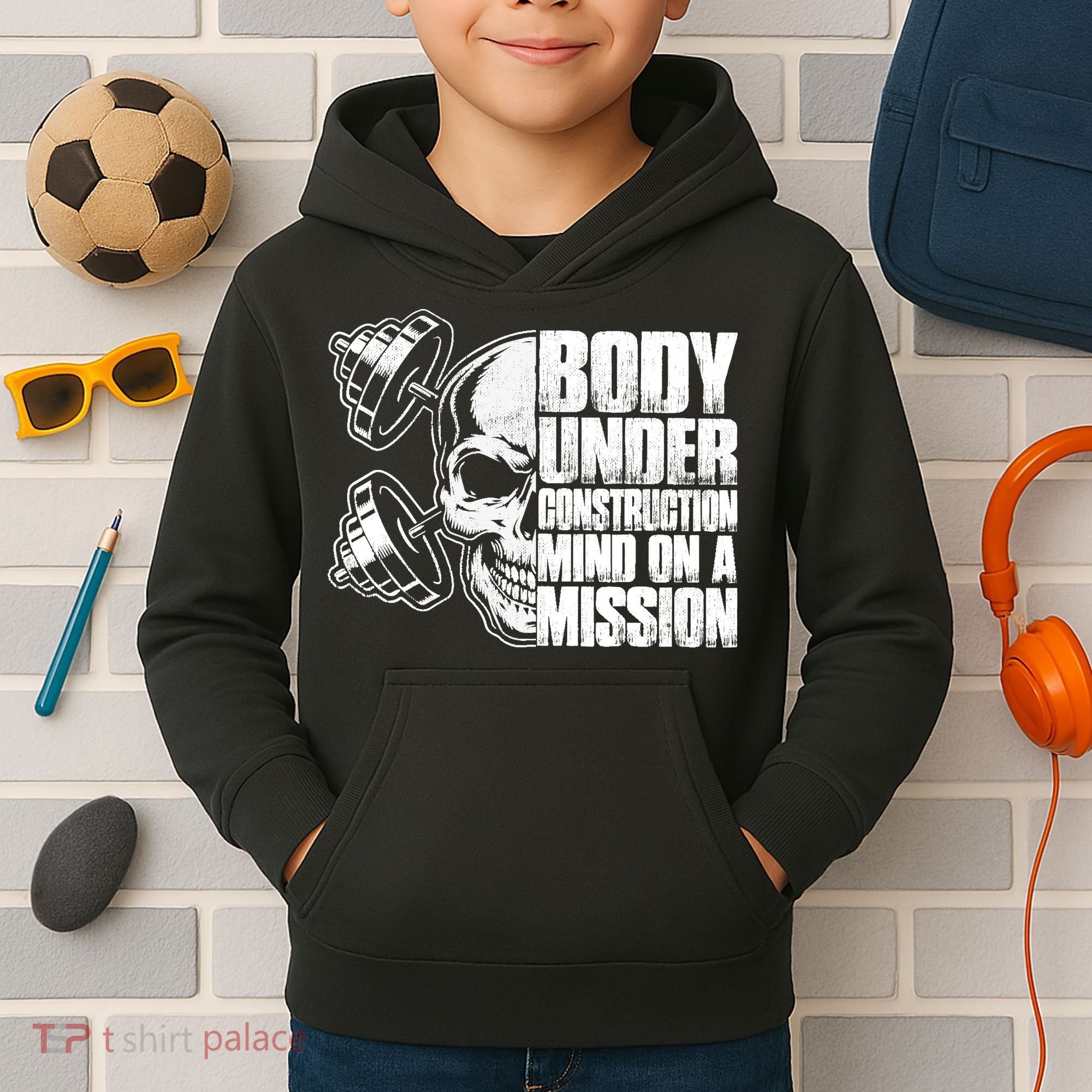 Body Under Construction Mind On A Mission Fitness Lovers Kids Hoodie