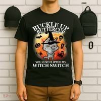 Buckle Up Buttercup You Just Flipped My Witch Switch Halloween Cat T-Shirt thumb 6