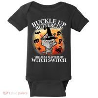 Buckle Up Buttercup You Just Flipped My Witch Switch Halloween Cat Baby Bodysuit thumb 0