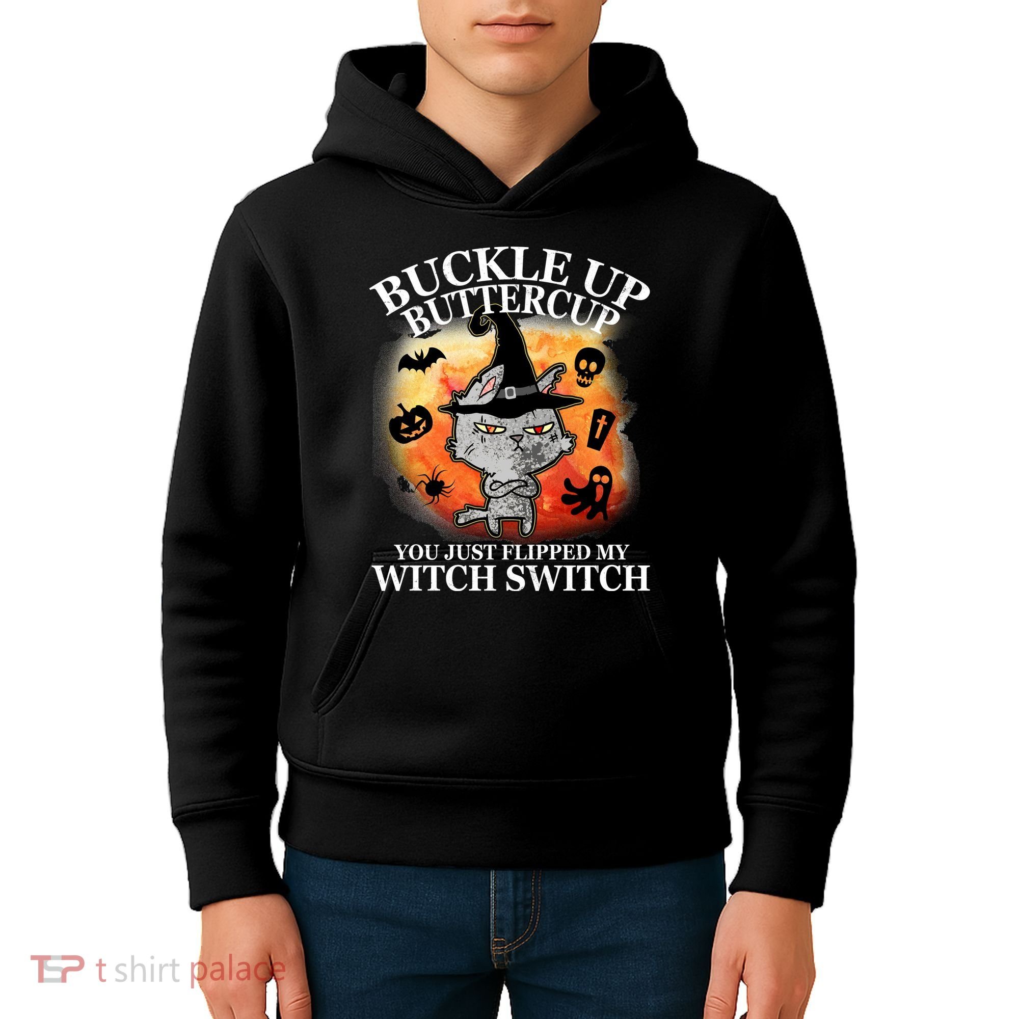 Buckle Up Buttercup You Just Flipped My Witch Switch Halloween Cat Kids Hoodie
