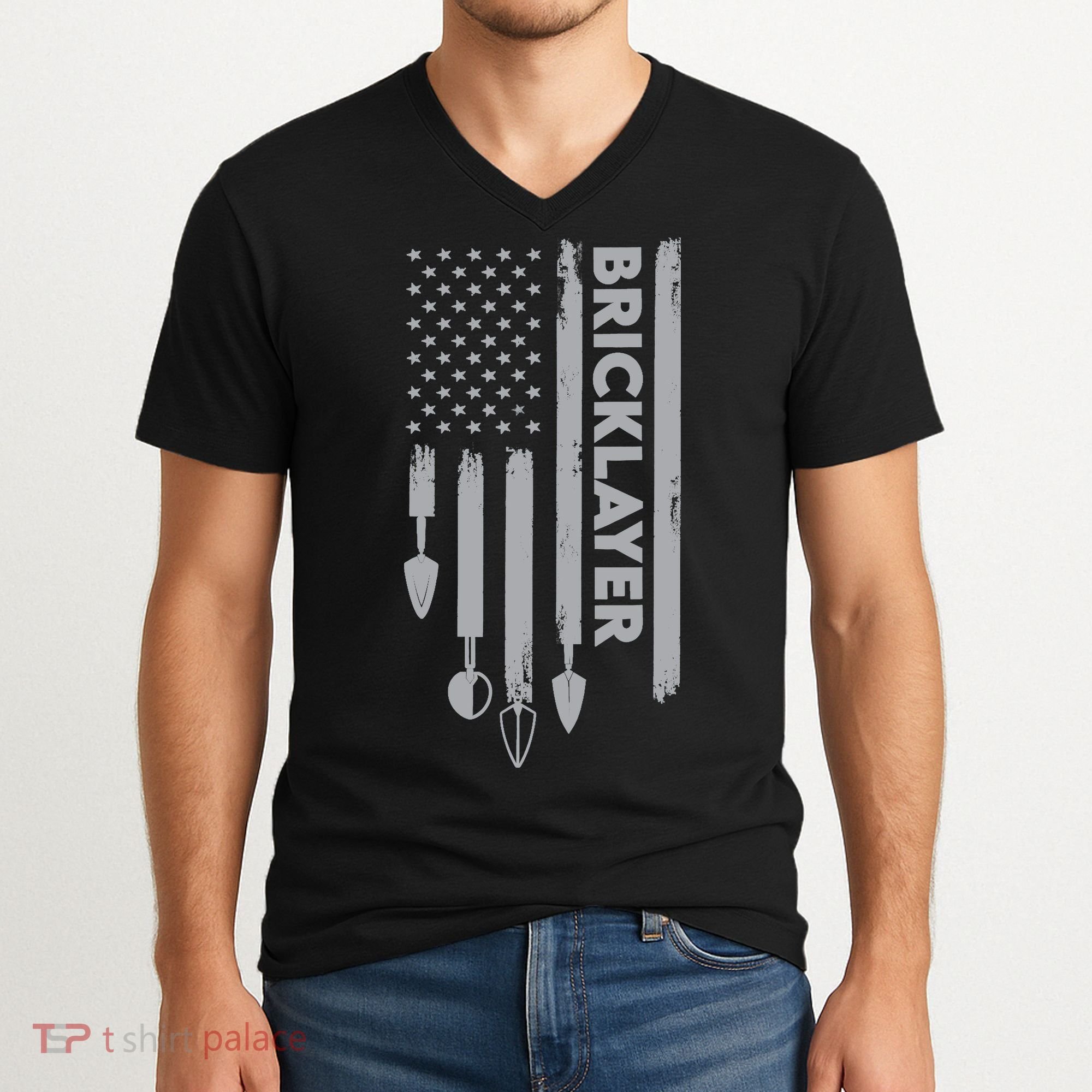 Bricklayer USA Flag America Brick Masonry V-Neck T-Shirt