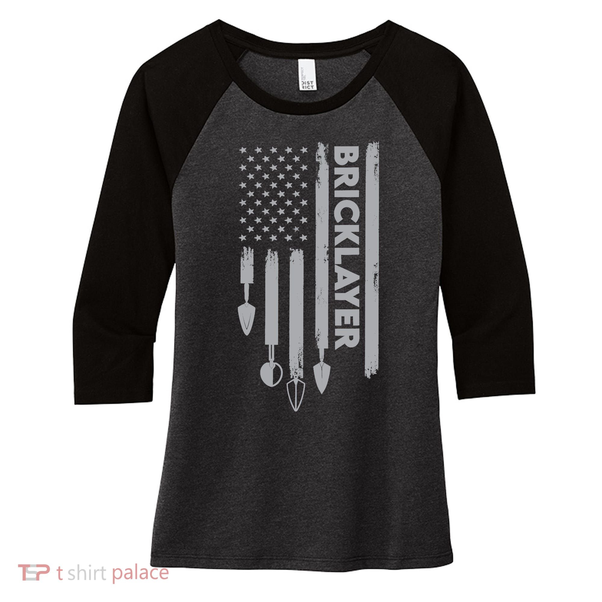 Bricklayer USA Flag America Brick Masonry Women's Tri-Blend 3/4-Sleeve Raglan Shirt