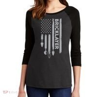 Bricklayer USA Flag America Brick Masonry Women's Tri-Blend 3/4-Sleeve Raglan Shirt thumb 2